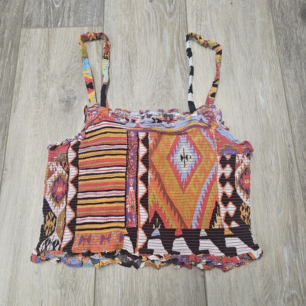 Christian Siriano Smocked Geometric Aztec Tank Top Cropped Pink Women's Medium